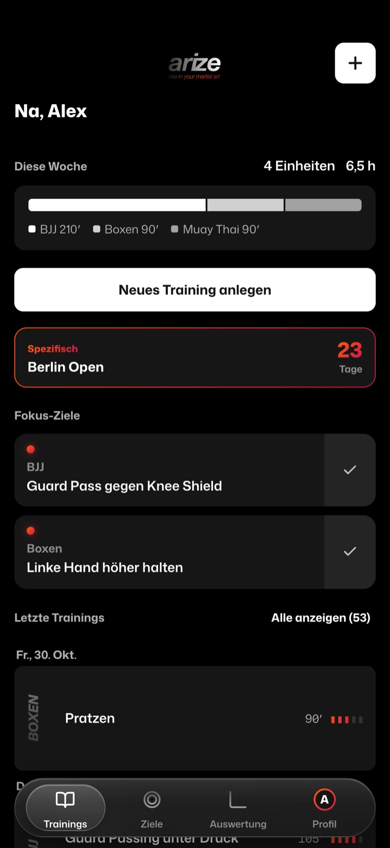 Startseite von Arize mit Trainingswoche, Wettkampf-Countdown und Fokus-Zielen